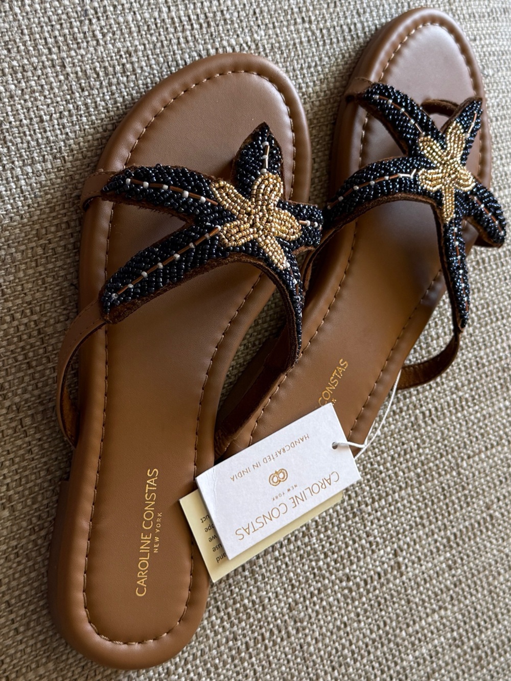 Caroline Constas Navy & Tan Starfish Beaded Flip Flop Beach Sandals - Picture 6 of 16